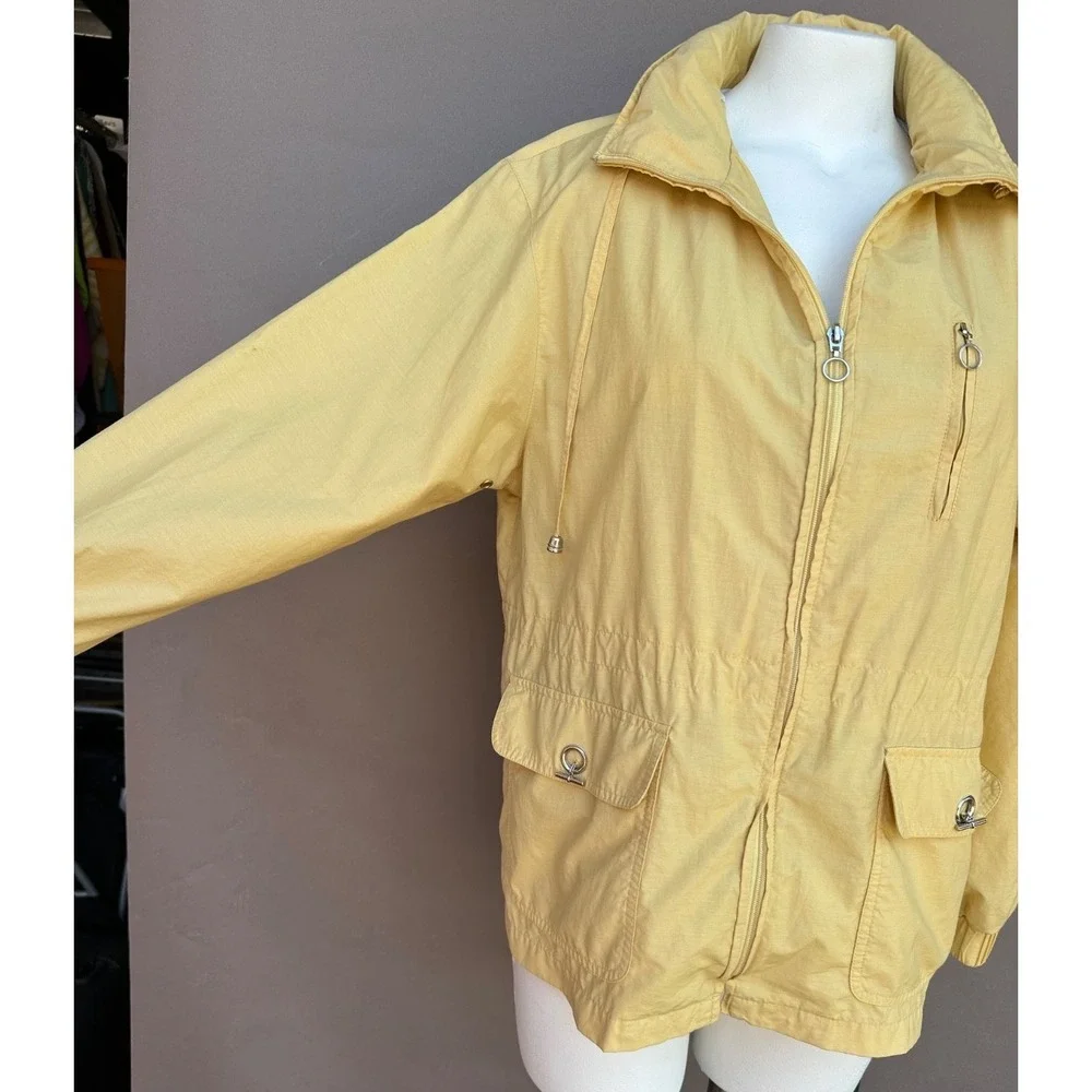 Talbots Raincoat Jacket L Yellow Hooded Full Zip Lined‎ Lightweight Preppy Chic